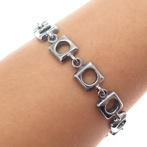 925 Sterling Silver Vintage Modernist Square Link Oxidized Bracelet 6.75&quot;